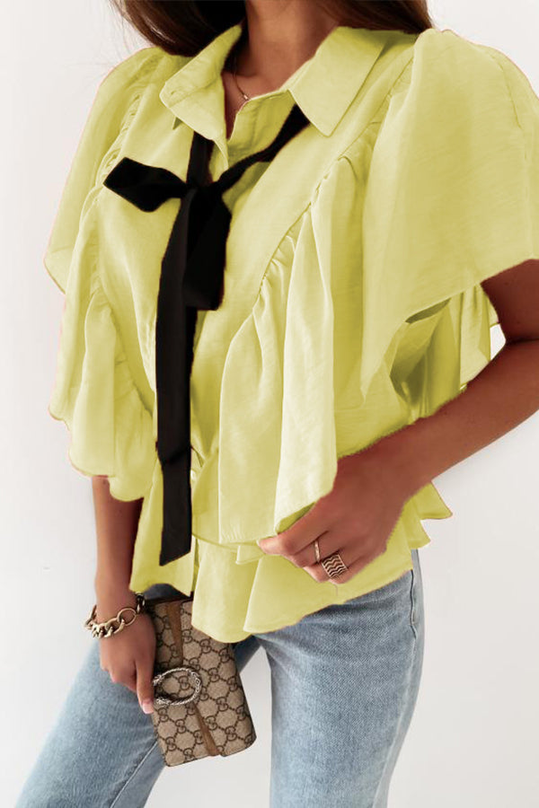 Solid Color Tie Neck Ruffle Trim Blouse