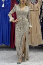 Sparkle World Sequin Feather Trim Sleeves Slit Evening Maxi Dress