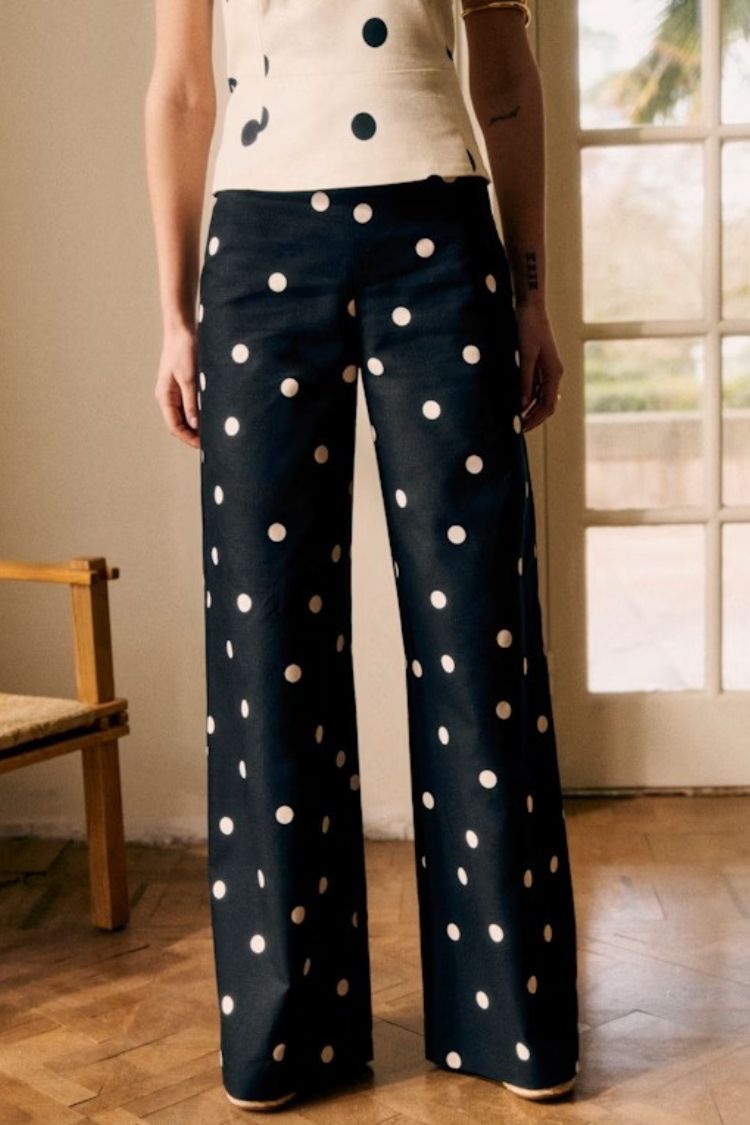 Tymo Linen Blend Polka Dot High Rise Wide Leg Pants