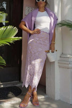 Warm Afternoon Floral Lace High Rise Slit Midi Pencil Skirt