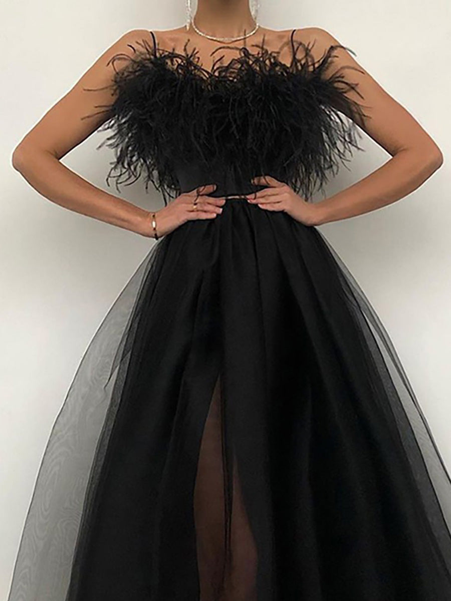 Feather Detail Off Shoulder Sheer Mesh Dress