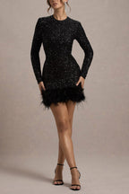 Party Must-have Sequin Long Sleeve Feather Trim Stretch Mini Dress