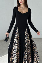 Marino Panelled Leopard Tulle Square Neck Long Sleeve A-line Maxi Dress