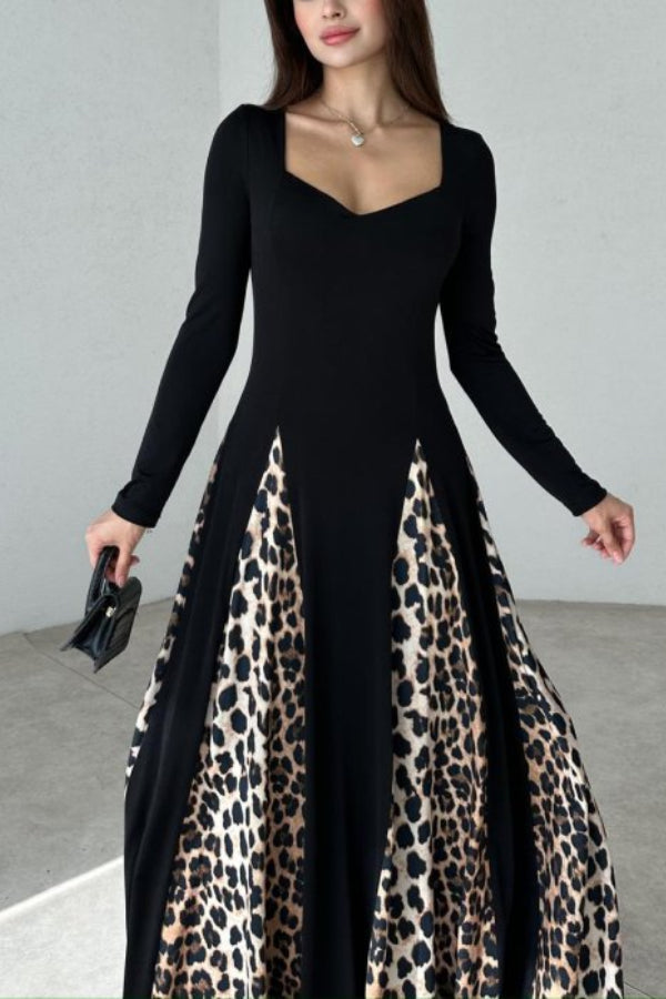 Marino Panelled Leopard Tulle Square Neck Long Sleeve A-line Maxi Dress