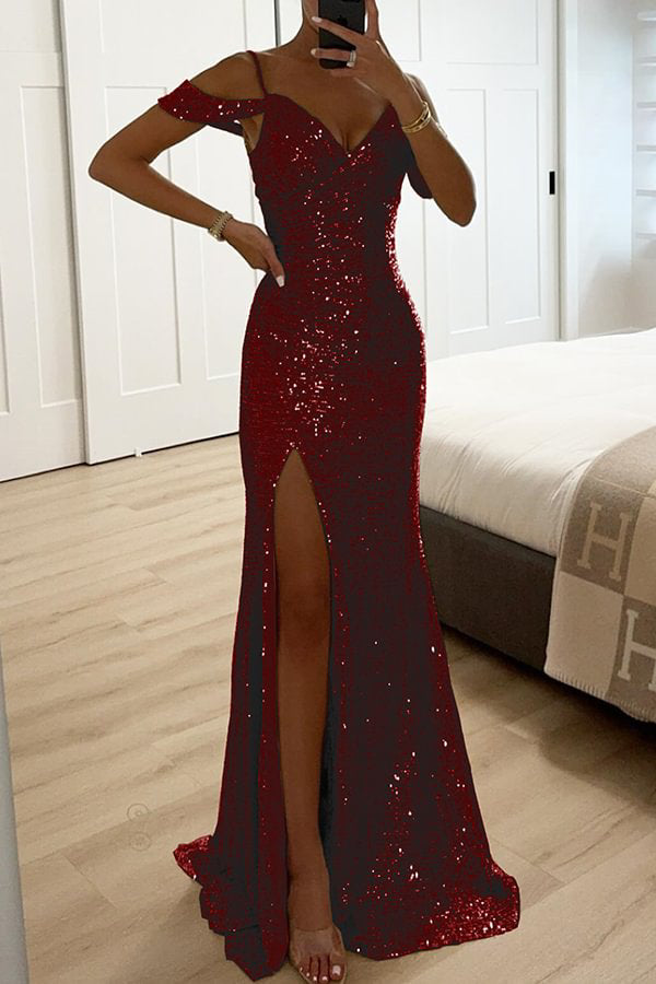 Prom Dreamland Sequin Cold Shoulder Ruched Slit Maxi Dress