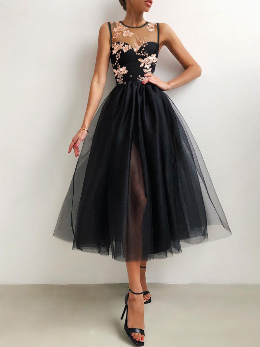 Flower Embroidered Mesh Slit Front Evening Dress