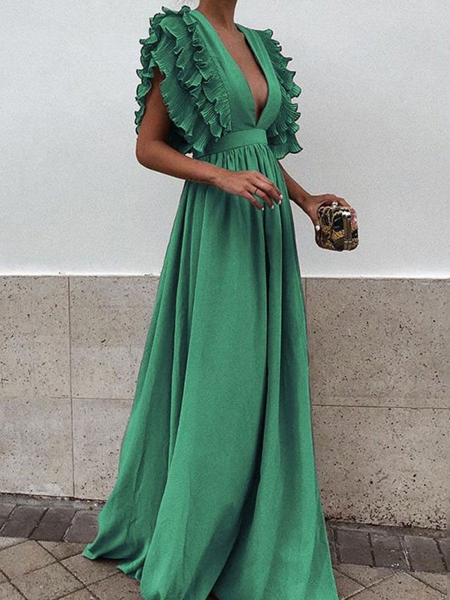 Ruffle Sleeve Plunge V-neck Solid Maxi Dress