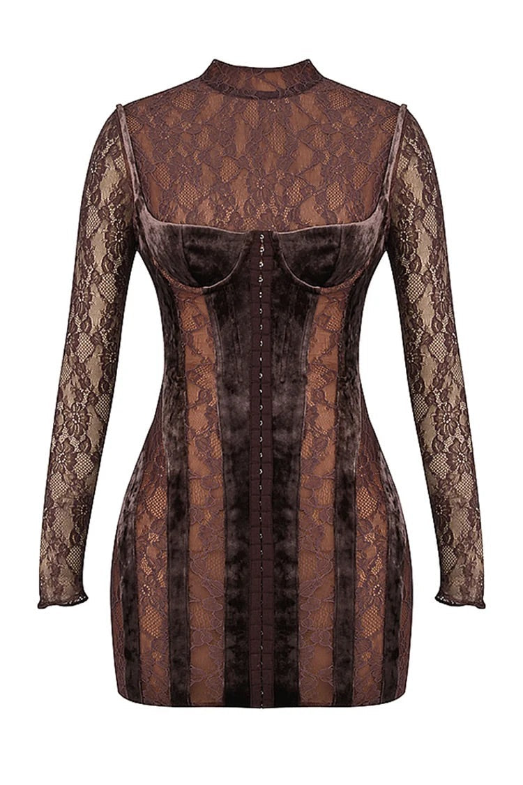 Velvet Patchwork Embroidery See Through Long Sleeve Bodycon Mini Dresses-Brown