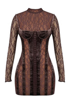 Velvet Patchwork Embroidery See Through Long Sleeve Bodycon Mini Dresses-Brown