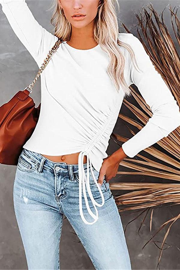 Solid Color Long-sleeved Round Neck Drawstring T-shirt