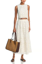 Nice Try Embroidered Crochet Lace Tassle Trim Elastic Waist Midi Skirt