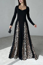 Marino Panelled Leopard Tulle Square Neck Long Sleeve A-line Maxi Dress