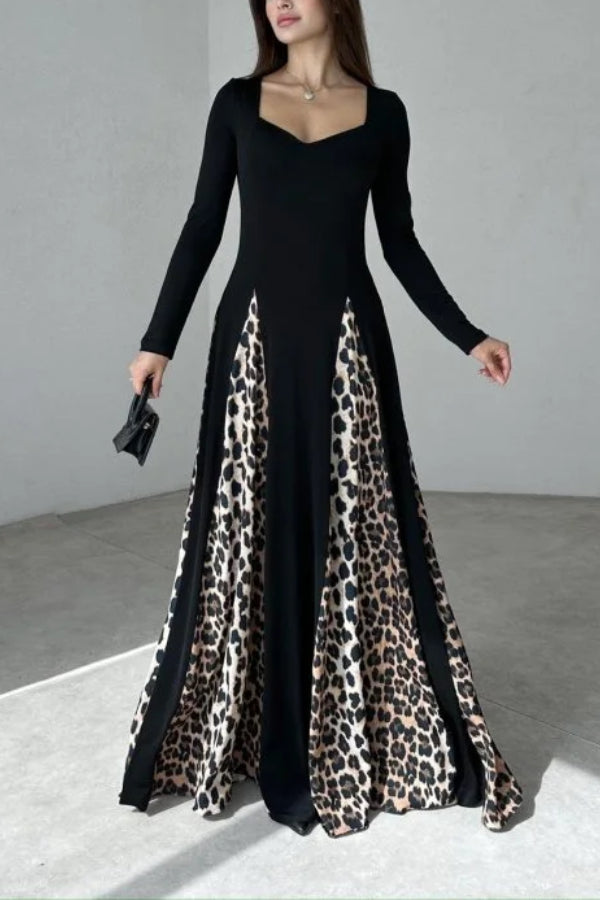 Marino Panelled Leopard Tulle Square Neck Long Sleeve A-line Maxi Dress