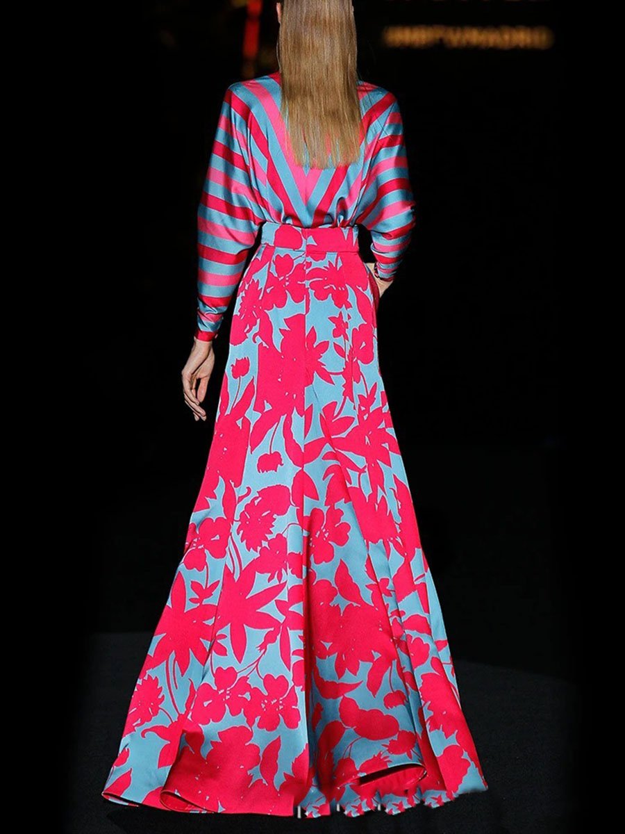 Fashion Elegant V-neck Plant Print Maxi Dress