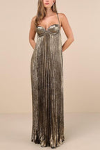 Queen Style Metallic Fabric Cross Neck Cutout Slit Pleated Maxi Dress