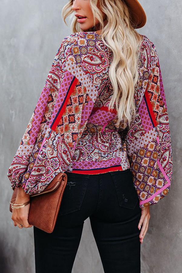 Patchwork Printed Drawstring Blouse