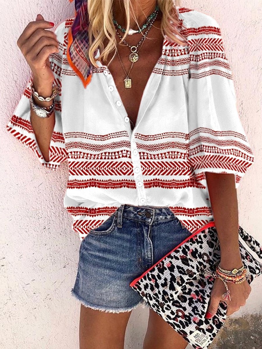 Casual Shirt-neck Button Striped Long Sleeve Blouse