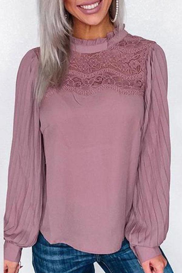 Solid Color Lace Stitching Lantern Sleeve Blouse