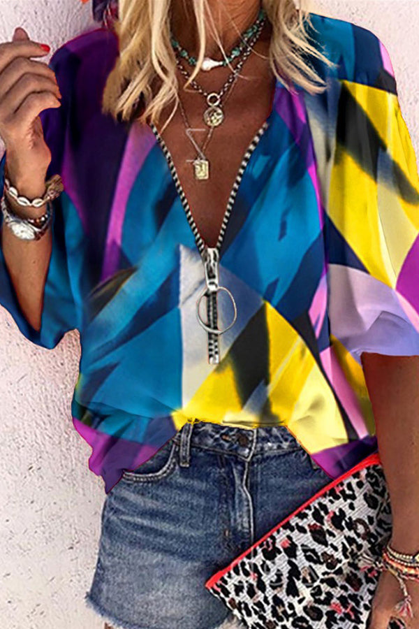 Leopard Print V-neck Zipper Decor Half Sleeve Blouse