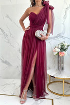 Feeling Galm Tulle Knotted One Shoulder Pleated Slit Maxi Dress