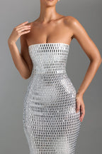 Flash Sculpture Rhinestone Embellished Bandeau Slit Stretch Maxi Dress