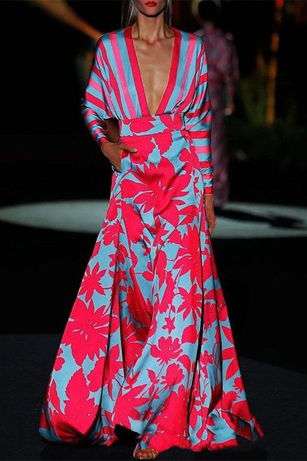 Fashion Elegant V-neck Plant Print Maxi Dress