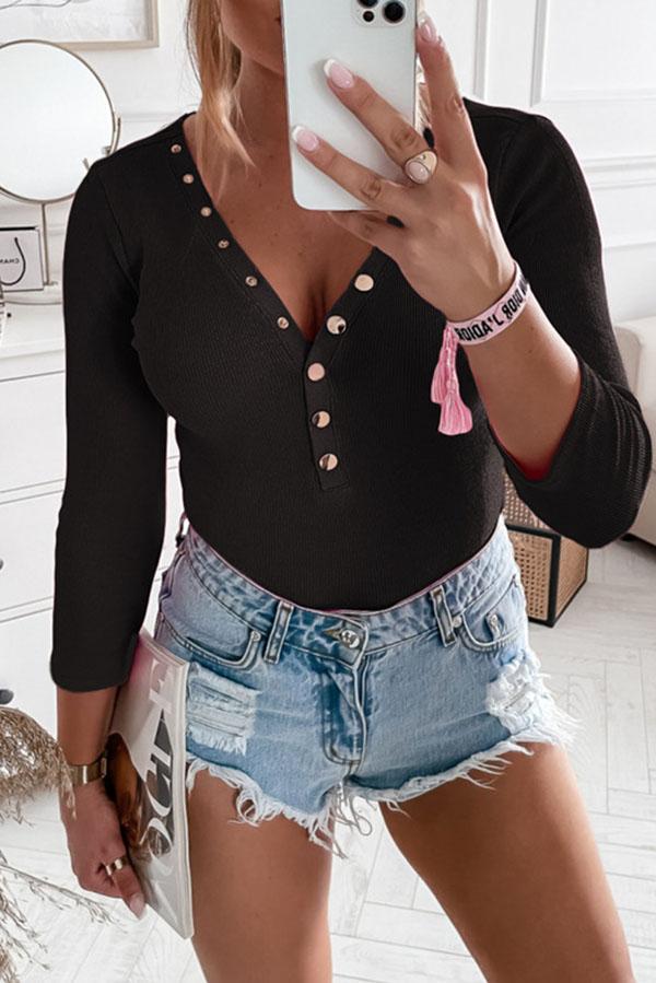 Deep V-neck Buttoned and Threaded Inner Long-sleeved T-shirt