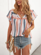 Striped Contrast V-neck Ruffled Short-sleeved Top