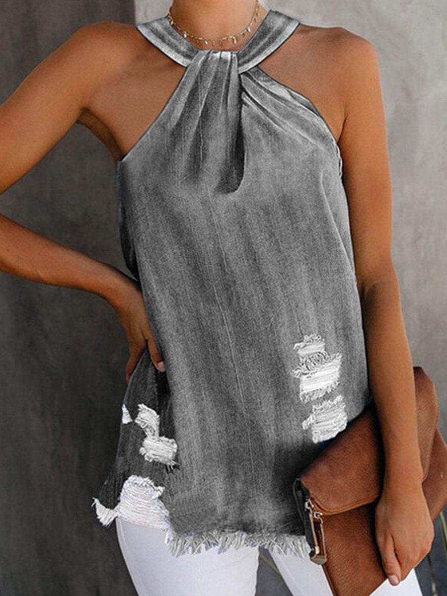 Solid Halter Neck Distressed Frayed Loose Denim Top