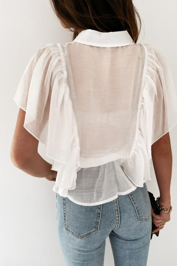 Solid Color Tie Neck Ruffle Trim Blouse