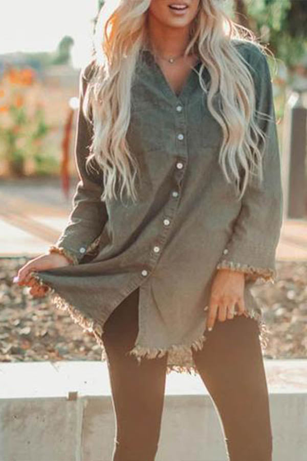 Denim Jean Frayed Button Up Shacket