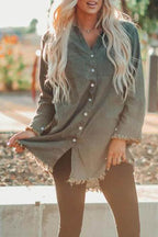 Denim Jean Frayed Button Up Shacket