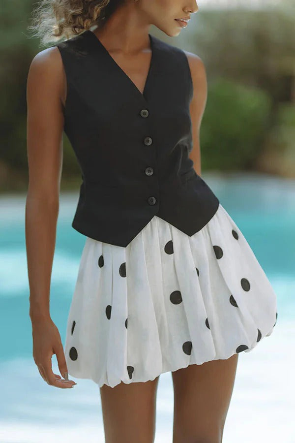 Helsee Linen Blend Polka Dot Print Elastic Waist Bubble Mini Skirt