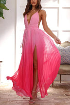 Love Letter To You Pleated Gradient Print Back Tie-up Slit Maxi Dress