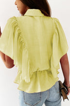 Solid Color Tie Neck Ruffle Trim Blouse