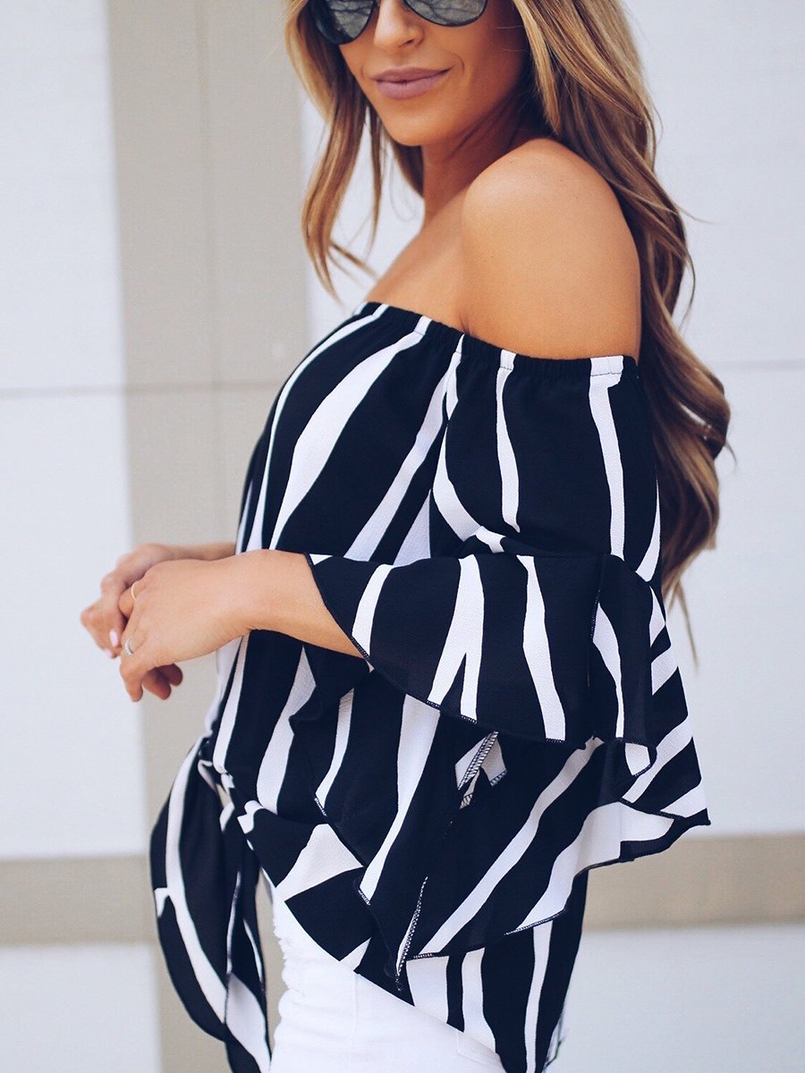 Off-the-shpulder Striped Loose Chiffon Top