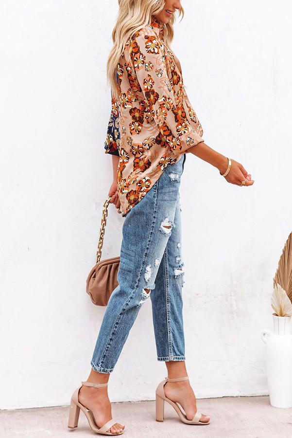 Floral long sleeve women's Lapel button shirt