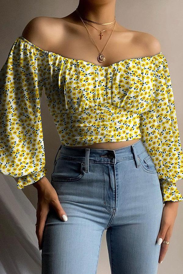 Off Shoulder Ruched Lantern Sleeve Crop Top