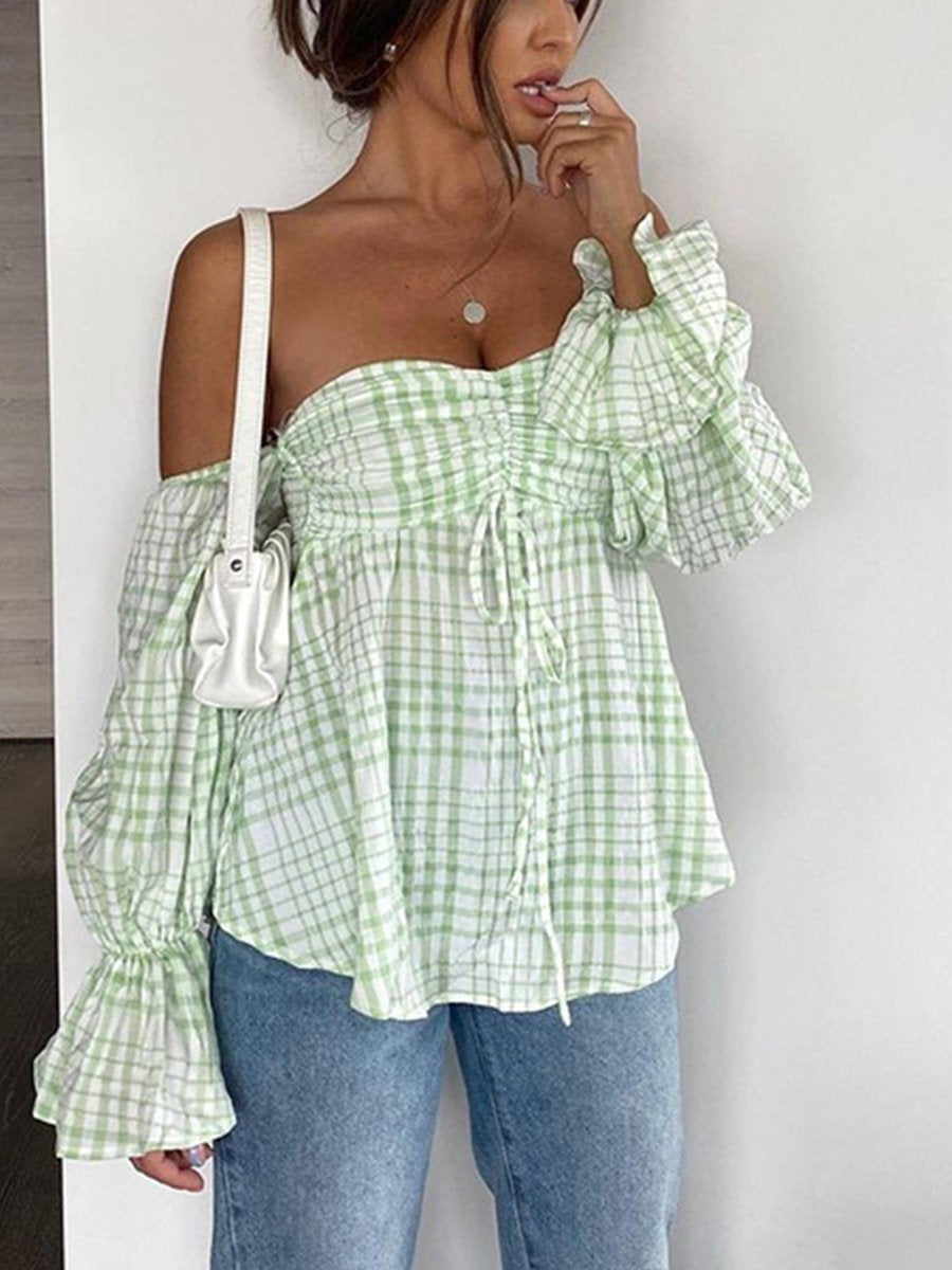 Off-the-shoulder Plaid Loose Top