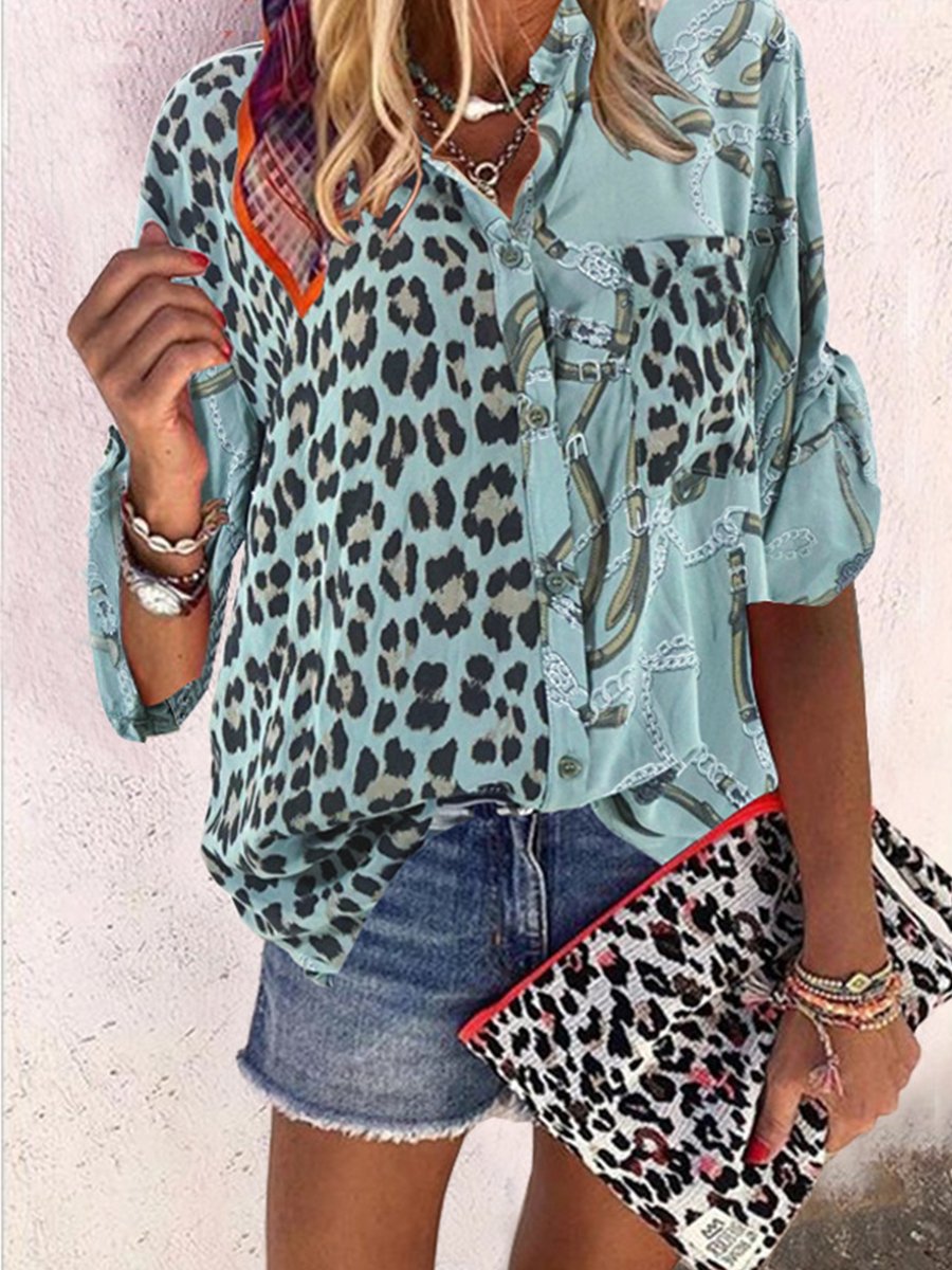 Elegant Print Leopard Buckle Shirt Collar Tops