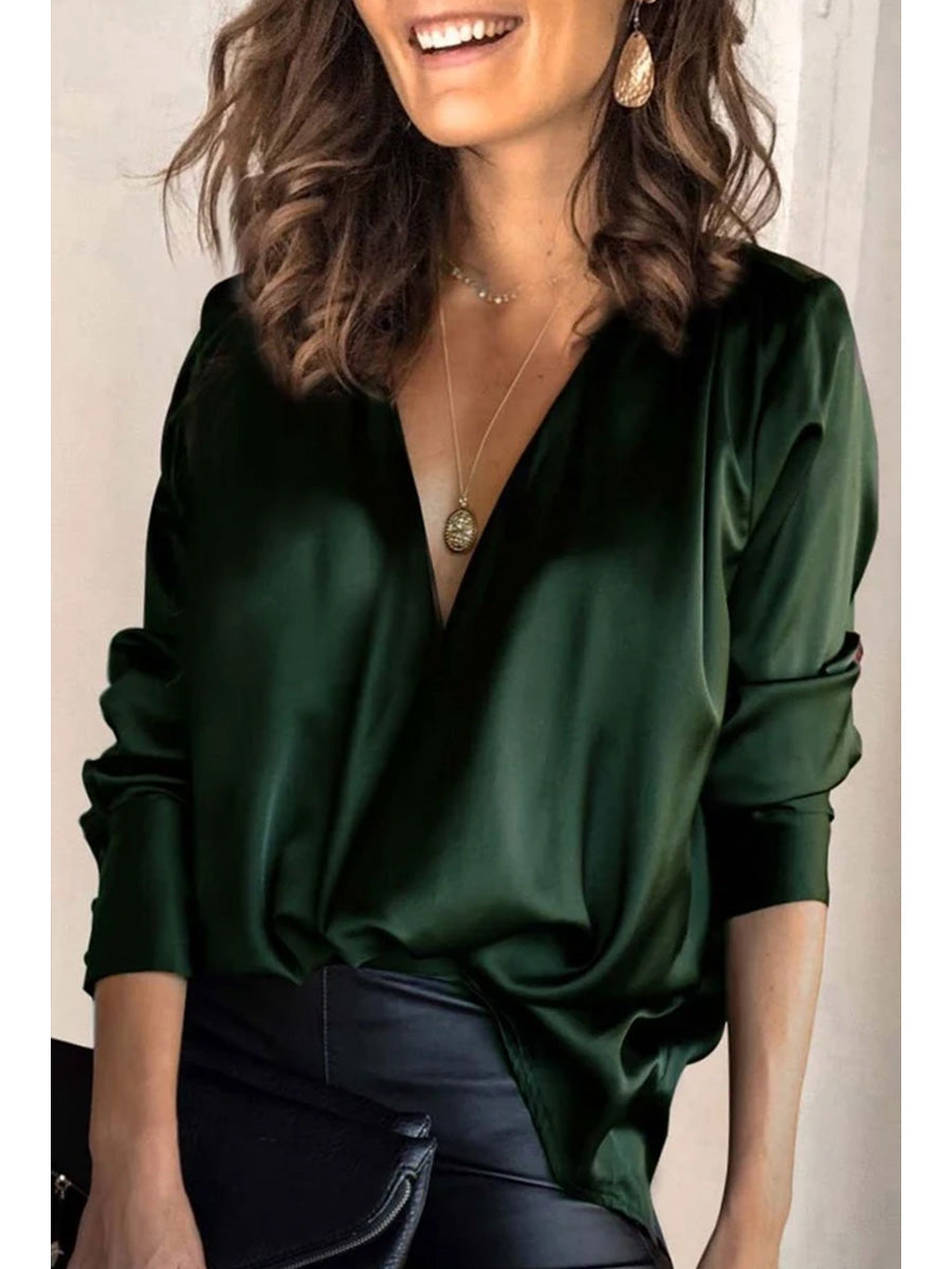 Long Sleeve Solid Color V-Neck Top