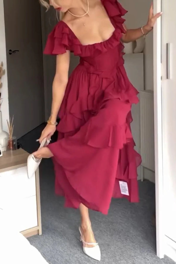Square Neck Ruffle Sleeves Backless Dress