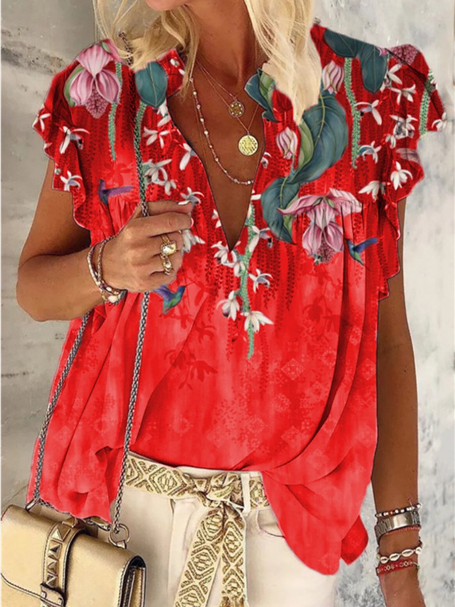 Summer Flower Print V-neck Short Sleeve Top