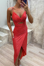 Luxury Sequin Cutout Ruched Slit Evening Maxi Dress