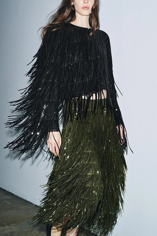Stylish Sequined Tassel Elegant Midi Skirt