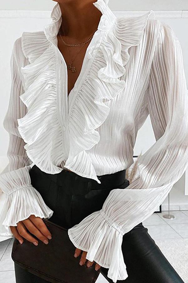 V-neck Ruffled Long-sleeved Shirt