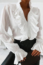 V-neck Ruffled Long-sleeved Shirt