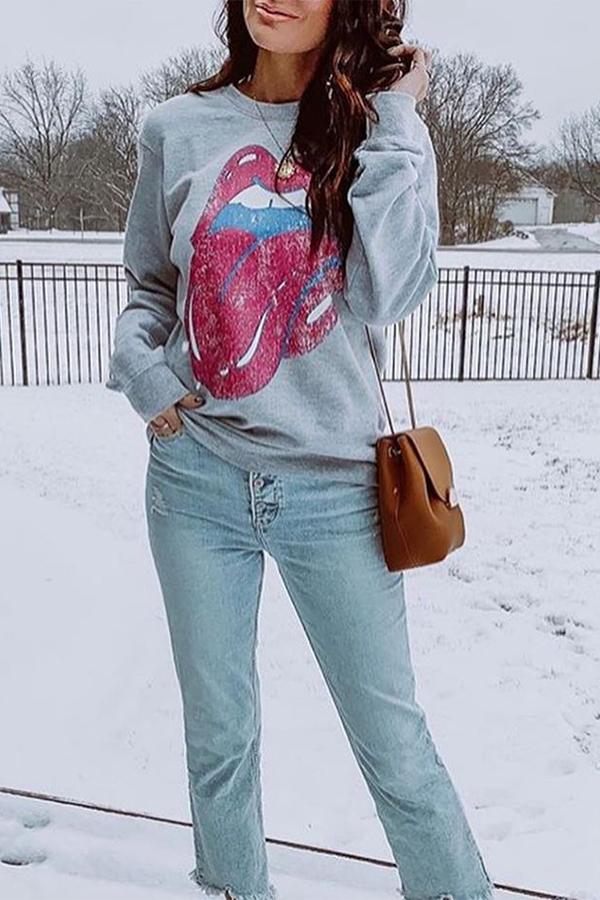 Tongue Printed Long Sleeve Sweatshirt