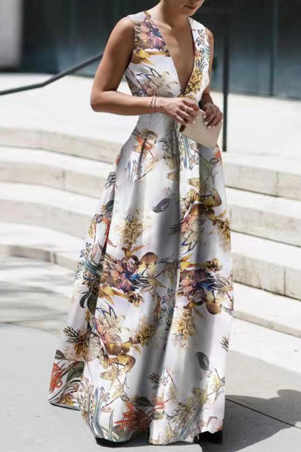 Vacation Style V-neck Sleeveless Print Dress