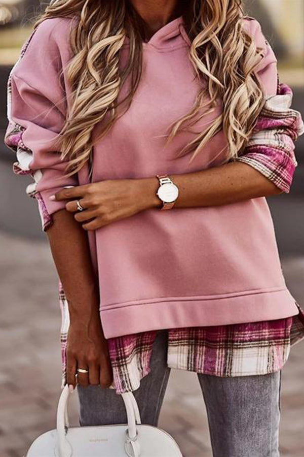 Trendy Plaid Patchwork Hooded Sweatshirt